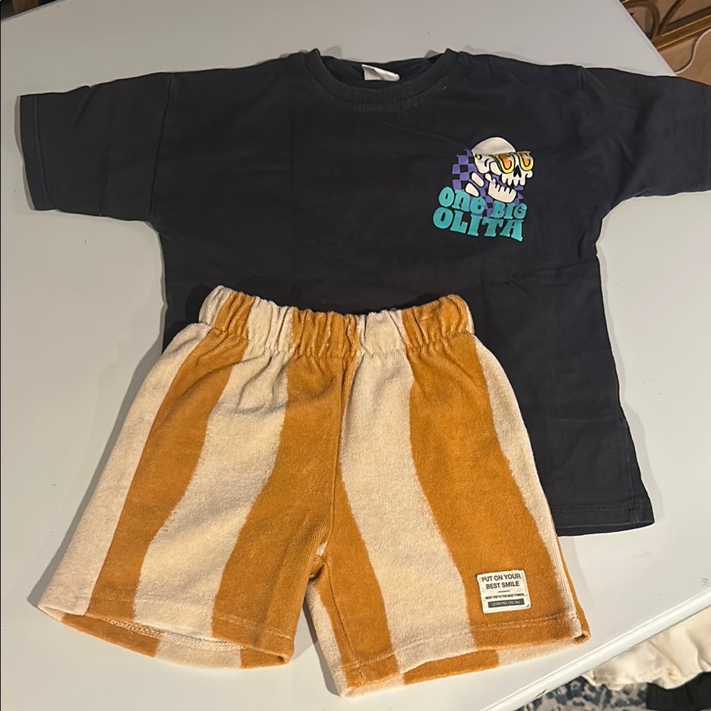 Zara Graphic Tshirt & Striped Terrycloth Shorts